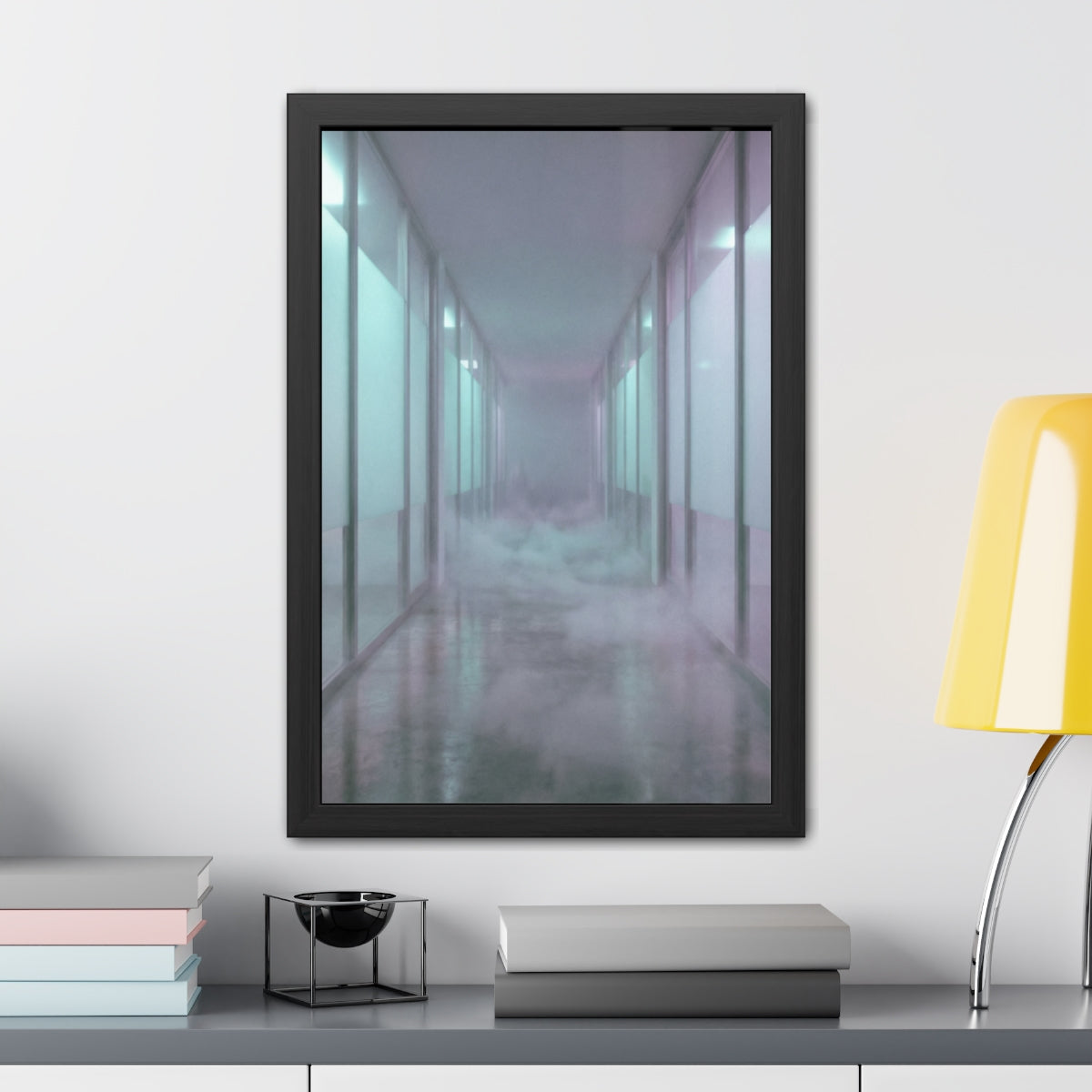 Framed Posters - Liminal Corridor Fog Art Print — Portrait...