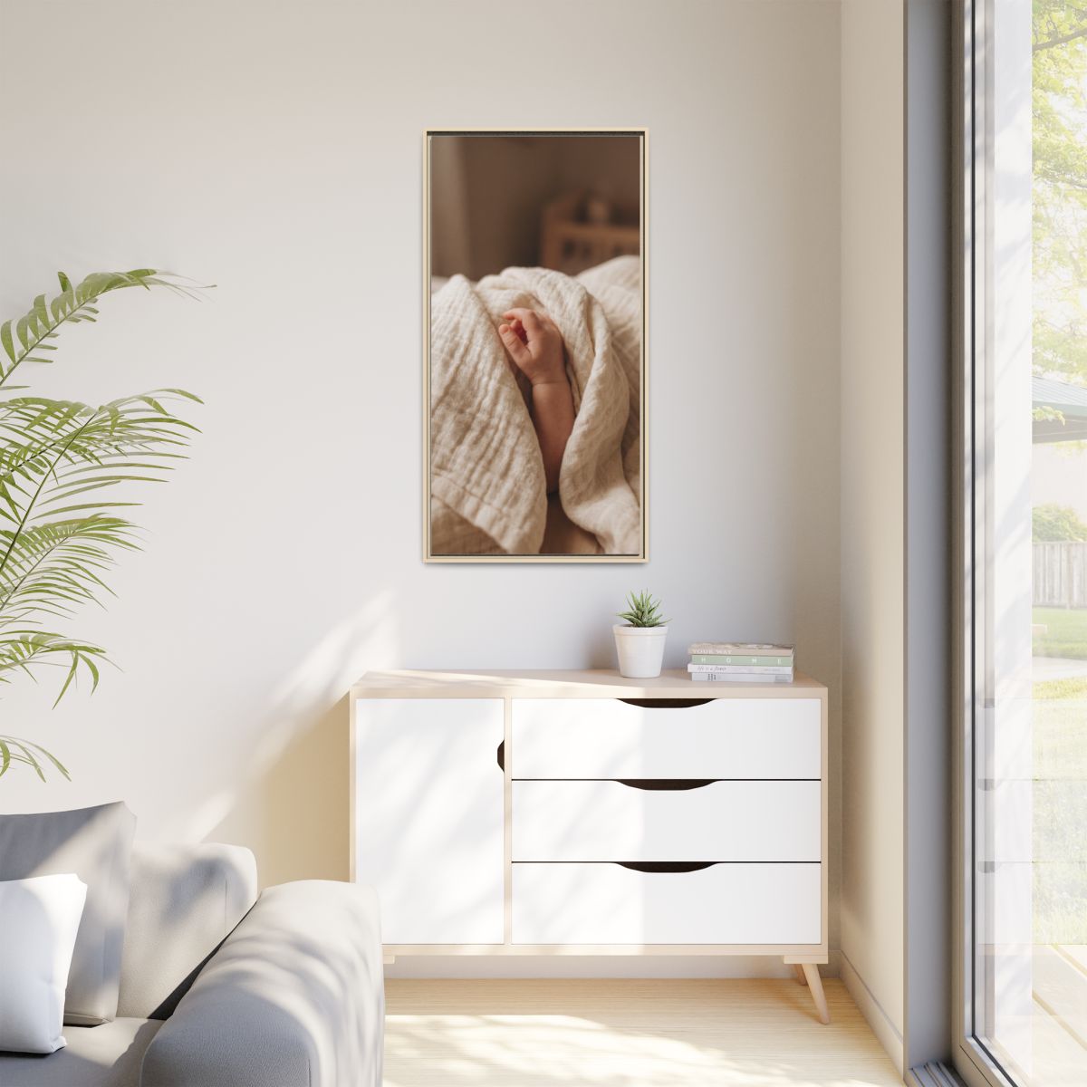 Matte Canvas, Framed - Tender Newborn Hand in Soft Muslin......