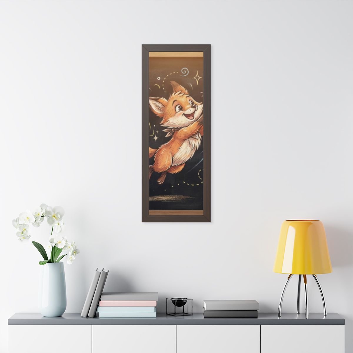 Framed Vertical Poster - Playful Fox Wall Decor — Walnut......