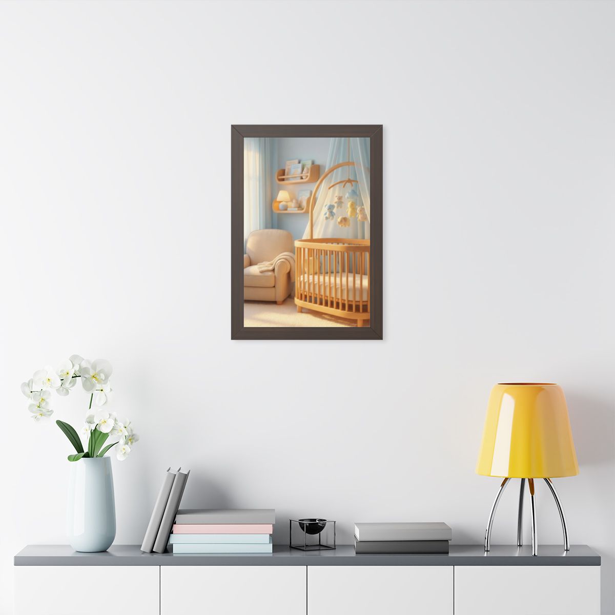 Framed Vertical Poster - Dreamy Serene Nursery Art — Walnut...