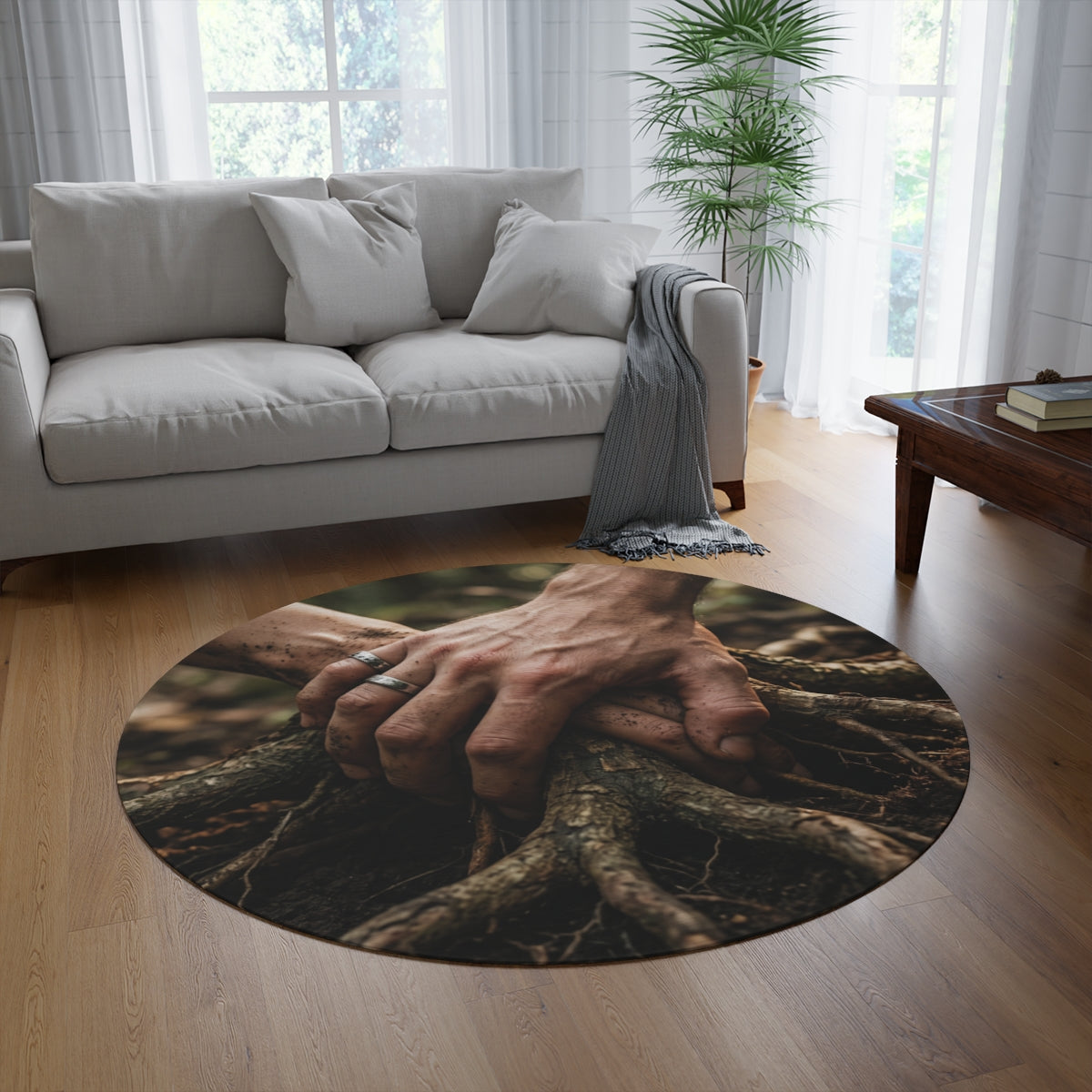 Round Rug with Forest Roots and Hands Art