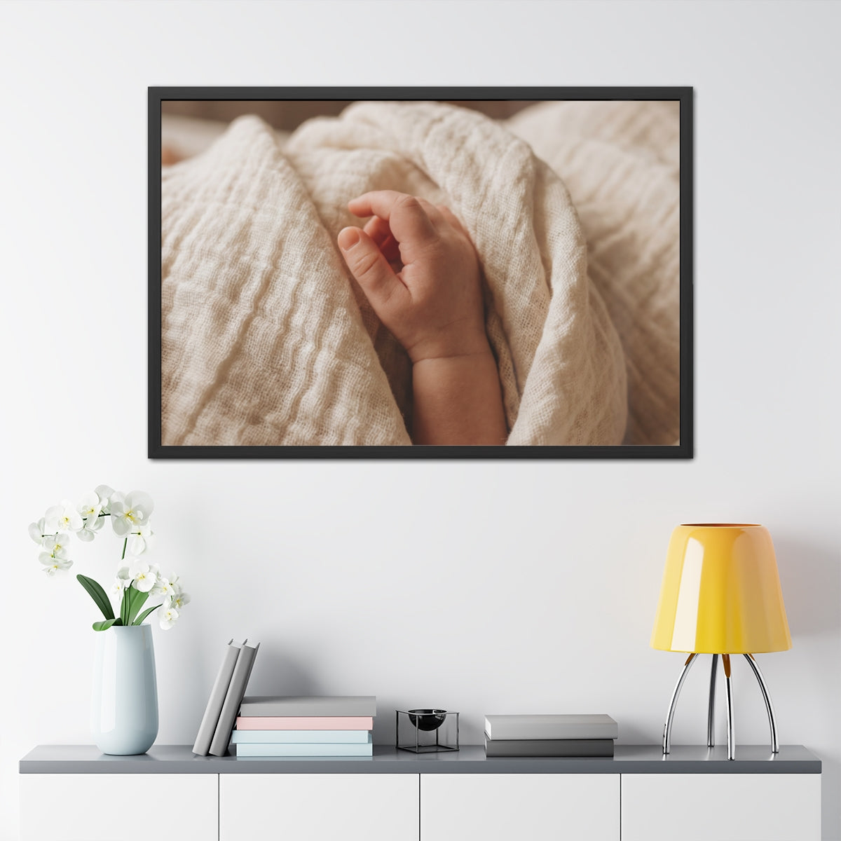 Framed Posters - Tender Newborn Hand in Soft Muslin Blanket...