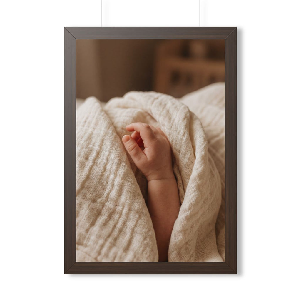 Framed Vertical Poster - Tender Newborn Hand in Soft Muslin...