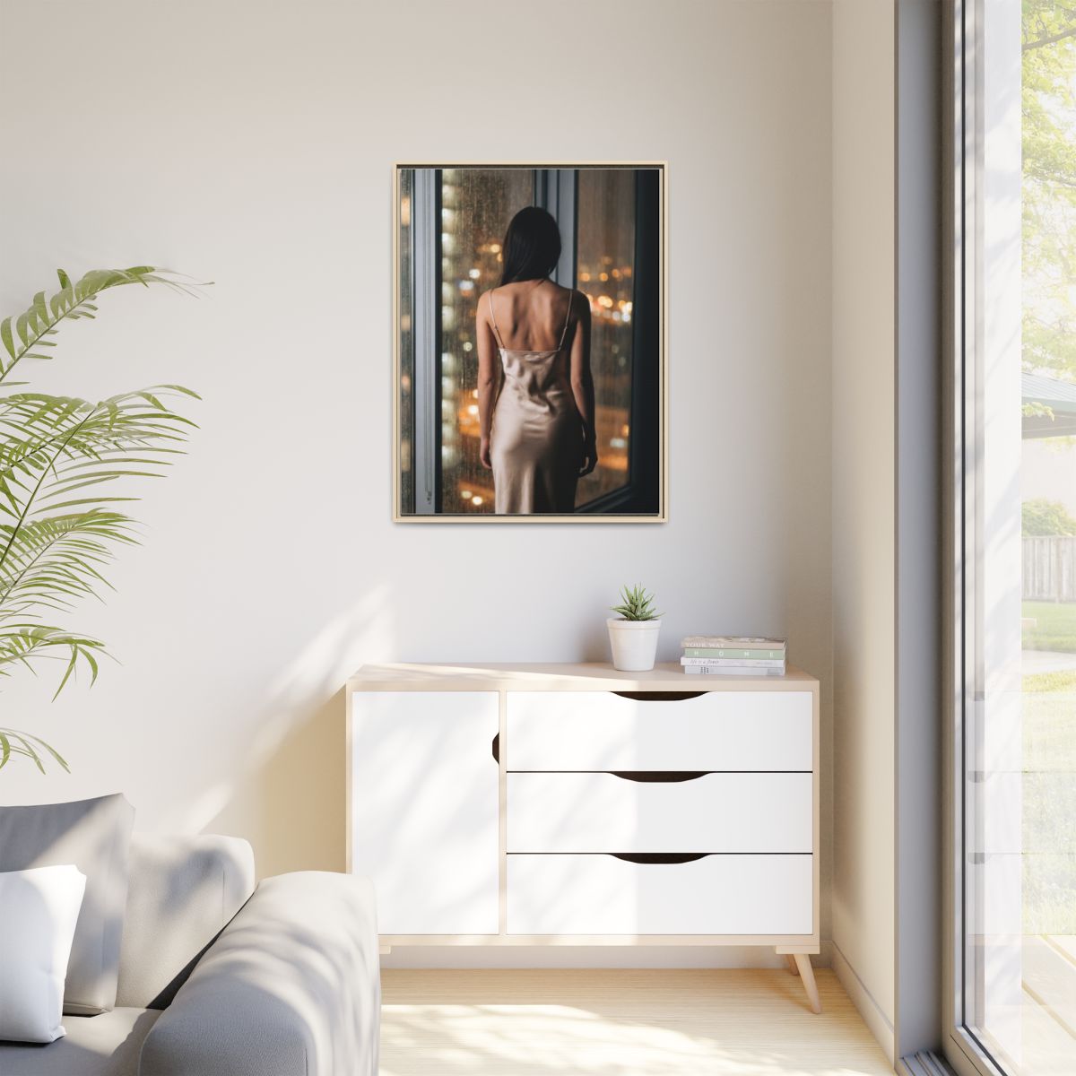 Matte Canvas, Framed - Rainy City lights Glow — Natural /......