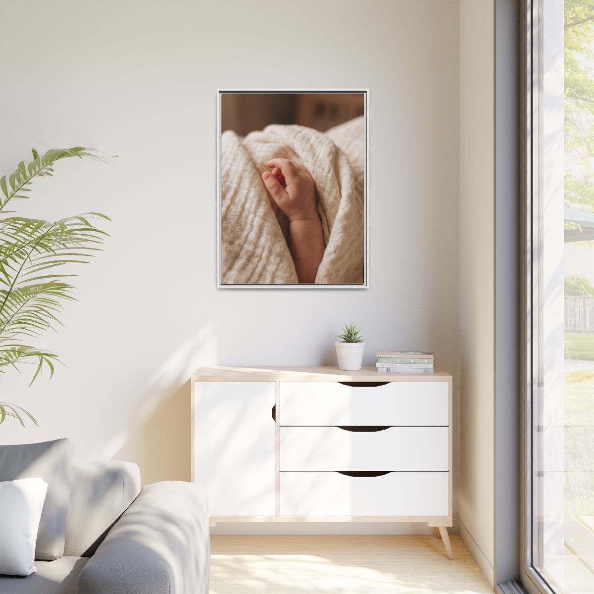 Matte Canvas, Framed - Tender Newborn Hand in Soft Muslin......