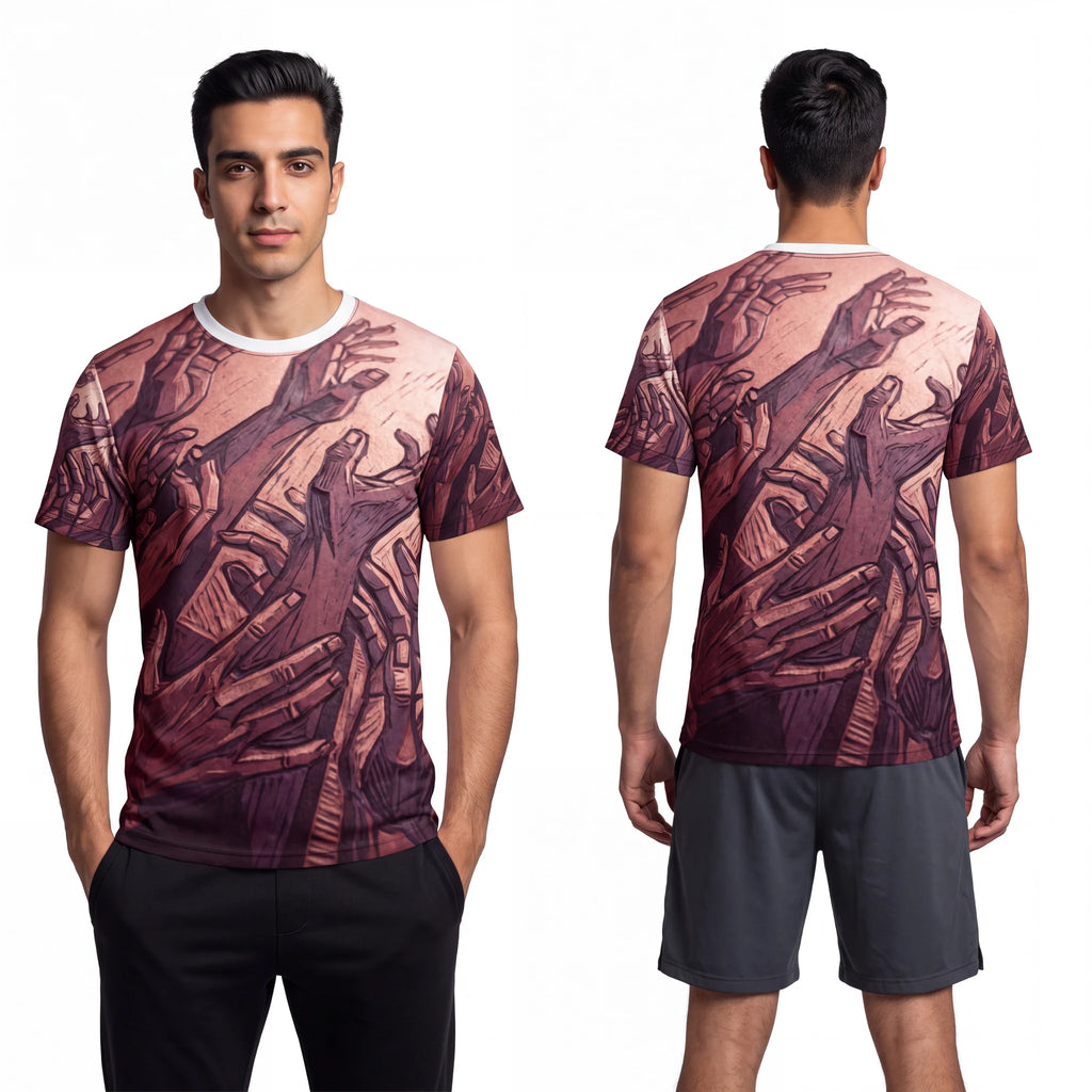 Men's Cut and Sew Tee with Linocut Hands