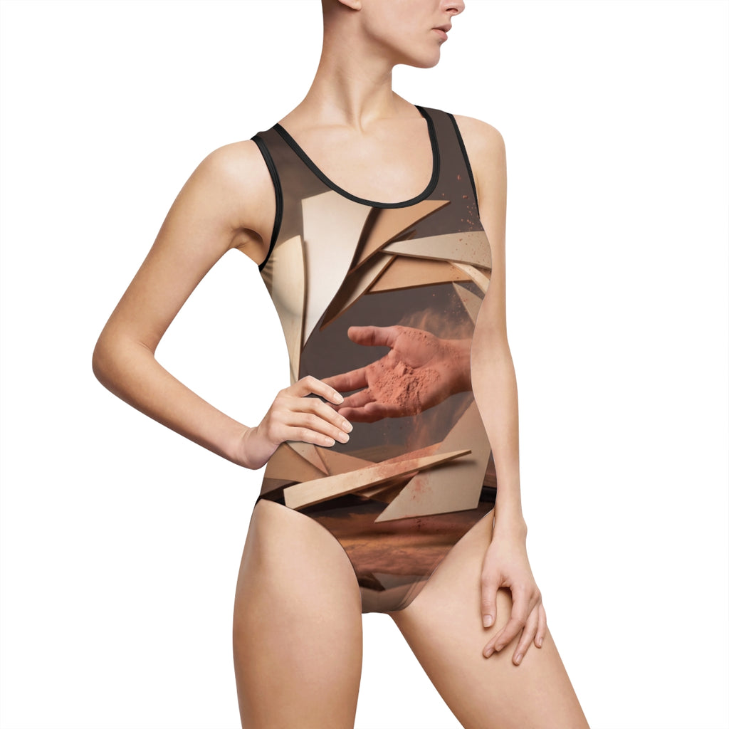 One-Piece Swimsuit with Terracotta Abstract Art