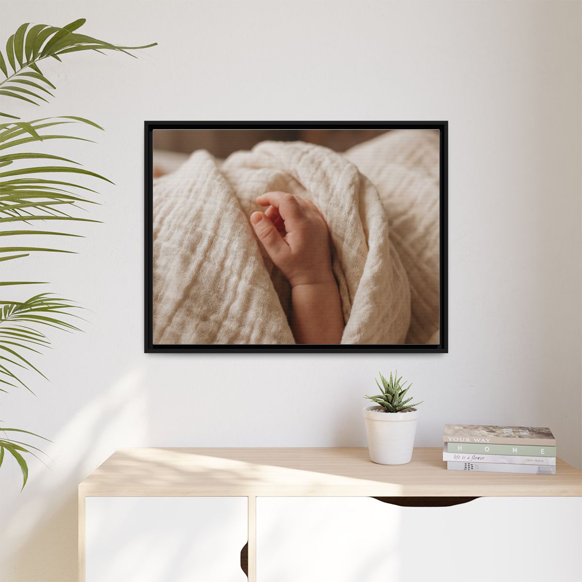 Matte Canvas, Framed - Tender Newborn Hand in Soft Muslin......