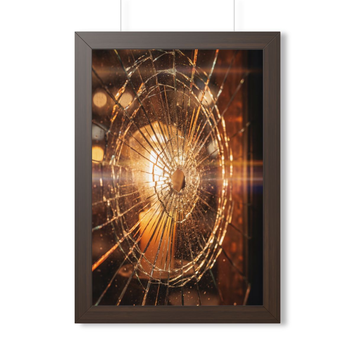 Framed Vertical Poster - Shattered Amber Glass Art — Walnut...