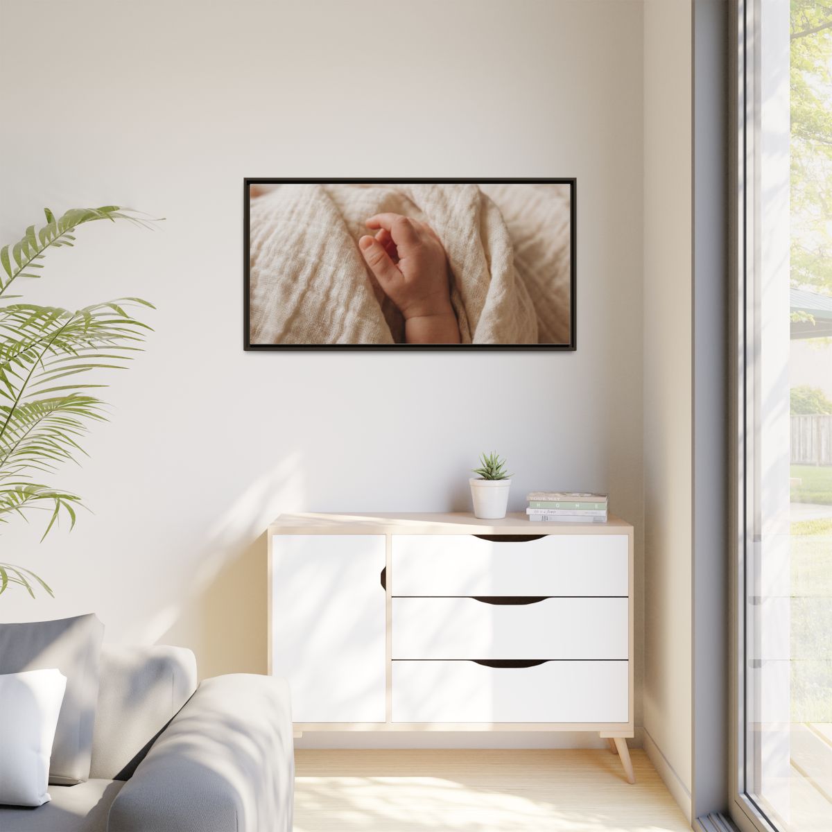 Matte Canvas, Framed - Tender Newborn Hand in Soft Muslin......