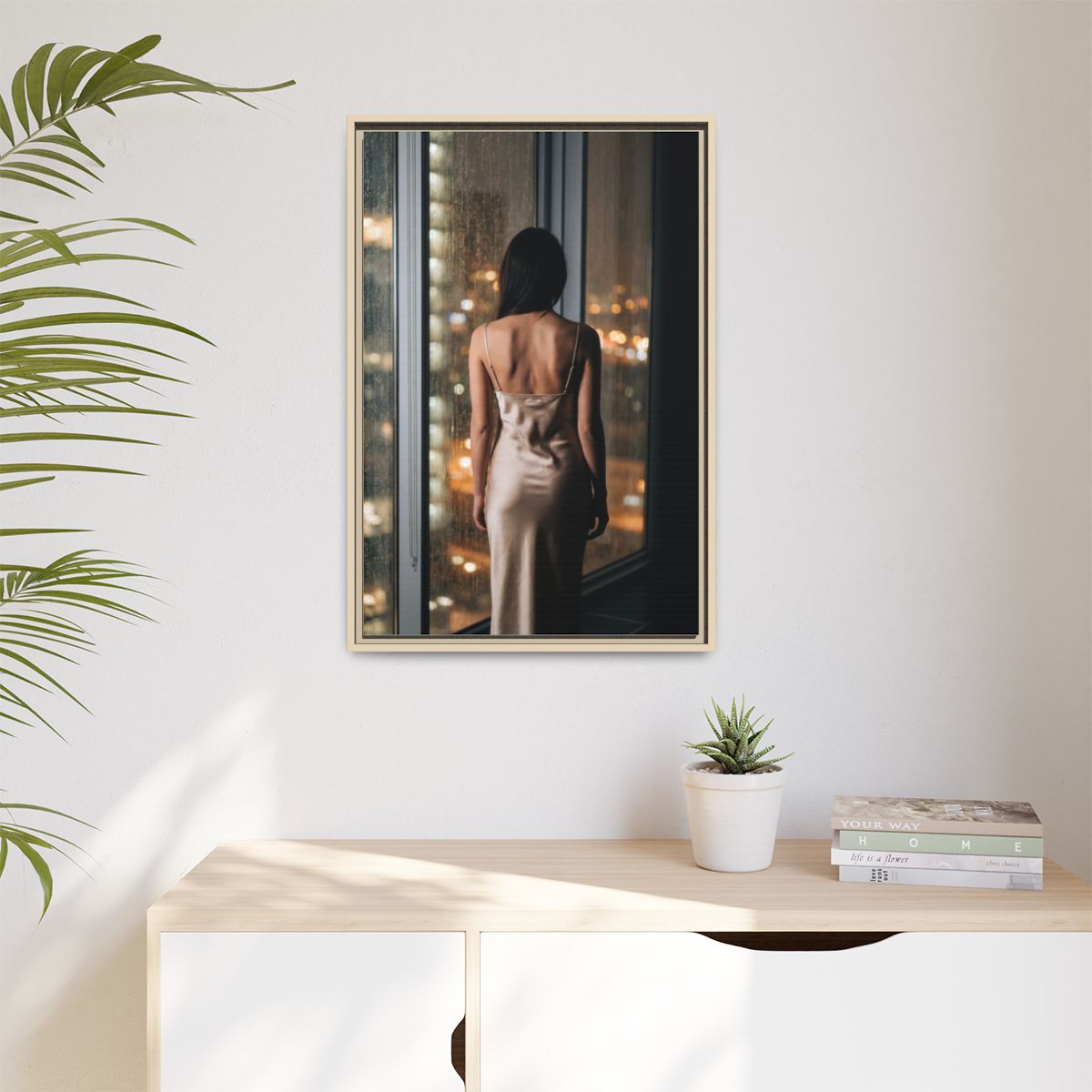Matte Canvas, Framed - Rainy City lights Glow — Natural /......