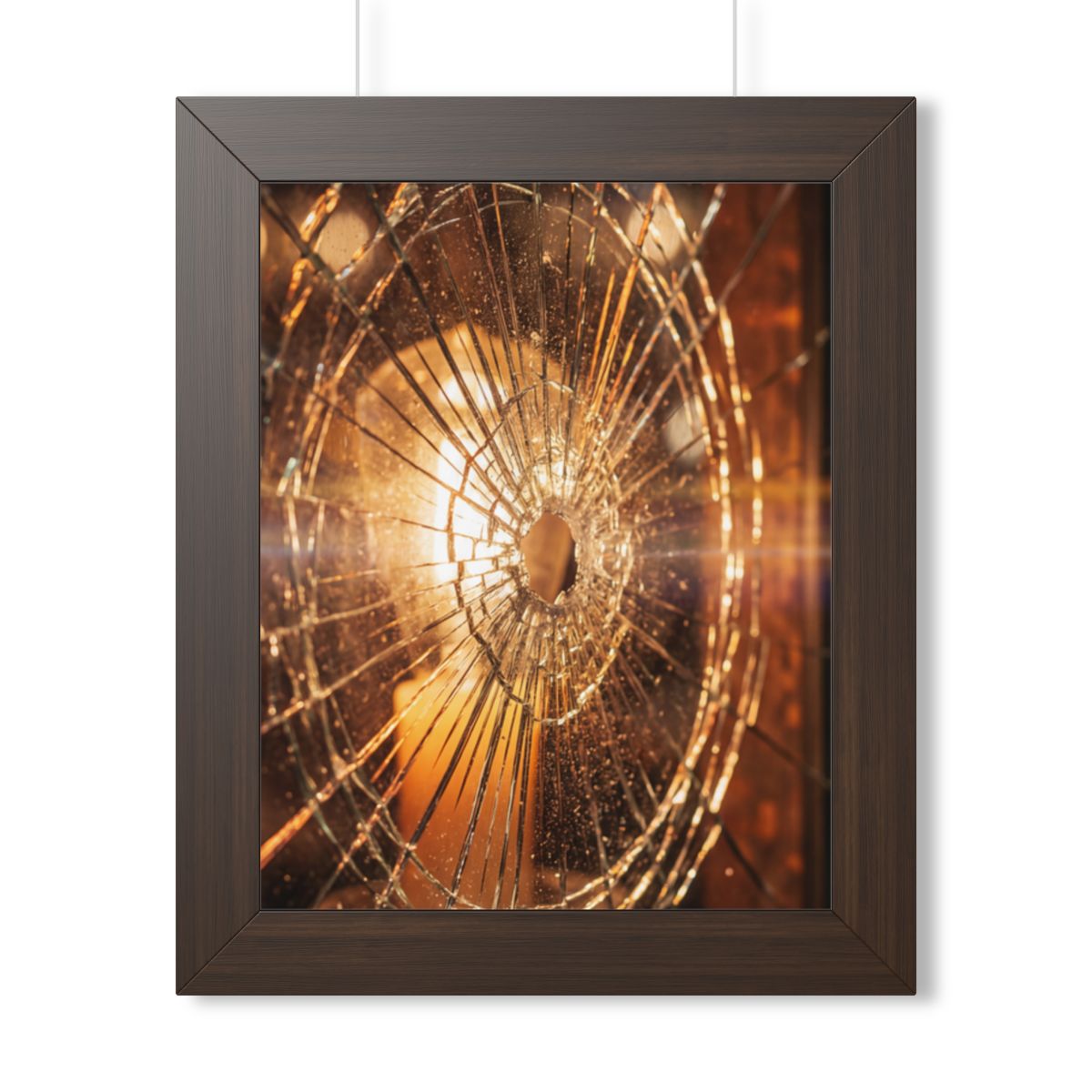 Framed Vertical Poster - Shattered Amber Glass Art — Walnut...