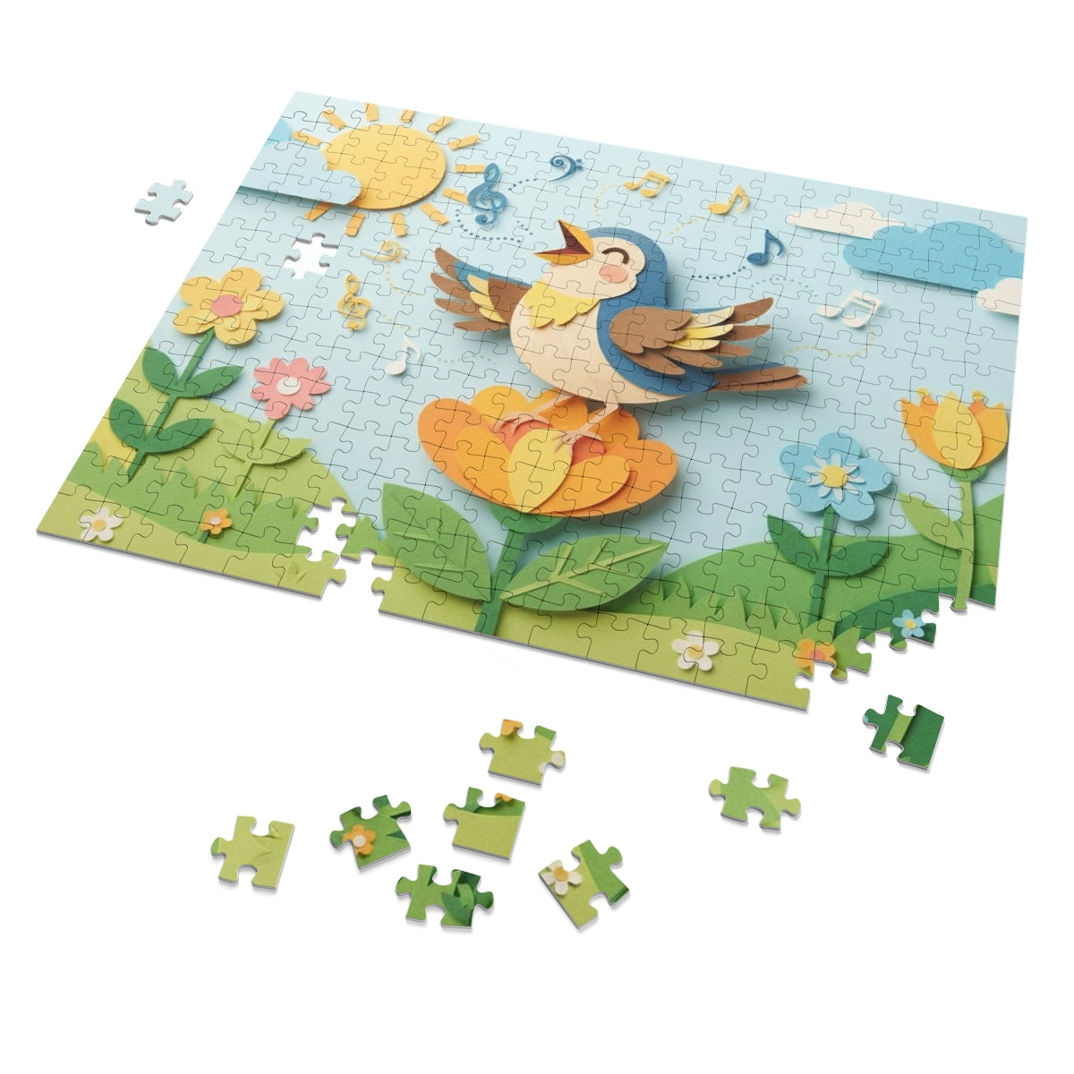Jigsaw Puzzle with Tin - Papercut Songbird Meadow Canvas Art...
