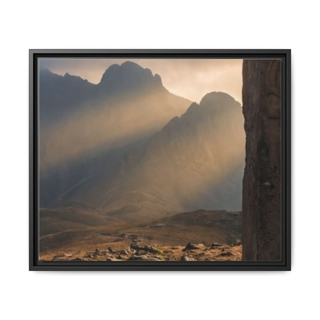 Matte Canvas, Framed - Ancient Stone Column Mountain Sunset Art (10×8, 12×9, 14×11, 16×12, 20×10, 18×12, 20×16, 24×16, 24×18, 36×12, 24×20, 32×16, 30×20, 30×24, 32×24, 48×16, 36×24, 48×24, 40×30, 60×20, 48×32, 60×30 & 60×40)