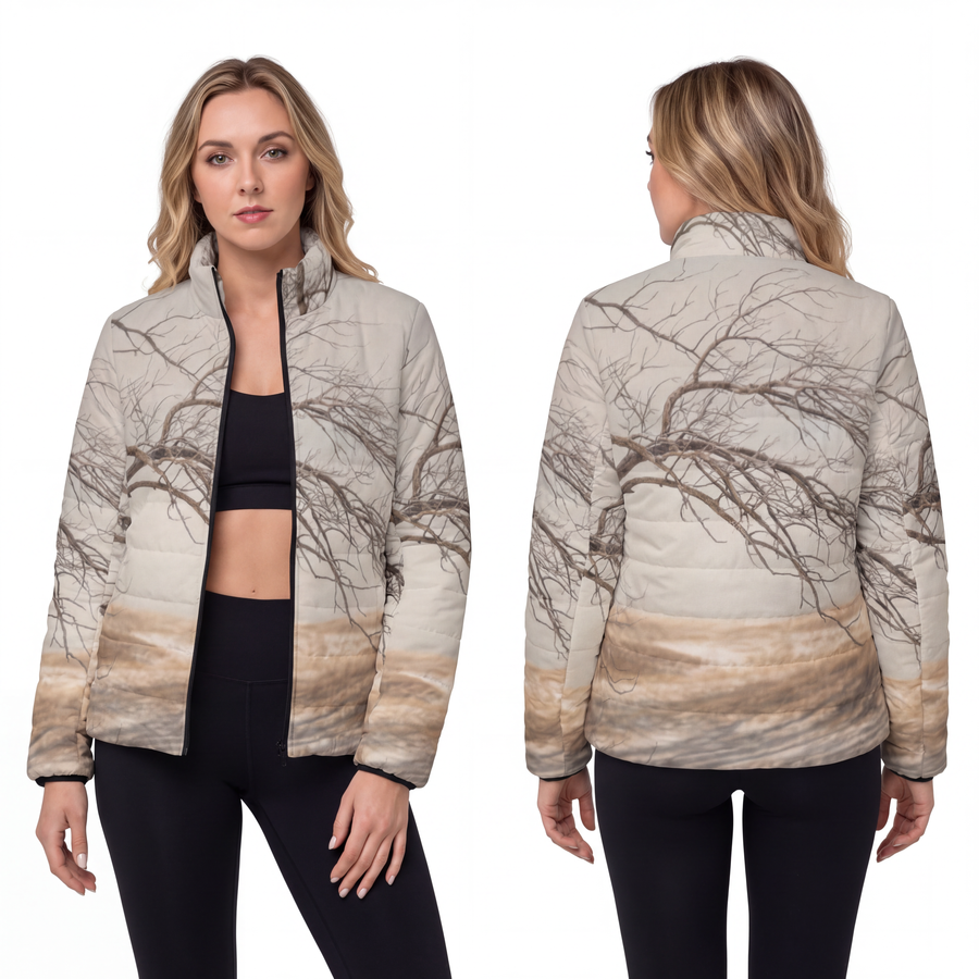 Women's Puffer Jacket - Winter Branch Solitude Landscape