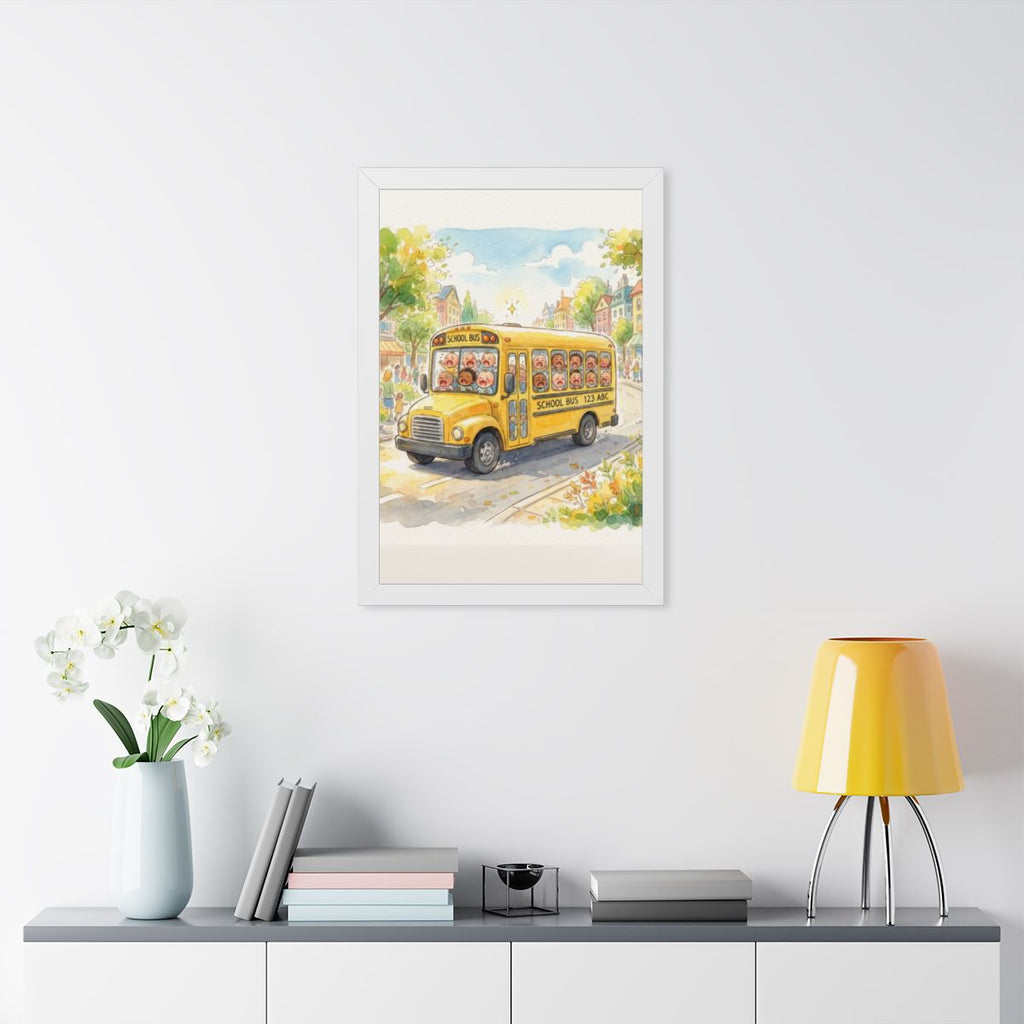 Framed Vertical Poster - Storybook School Bus Watercolor Art...