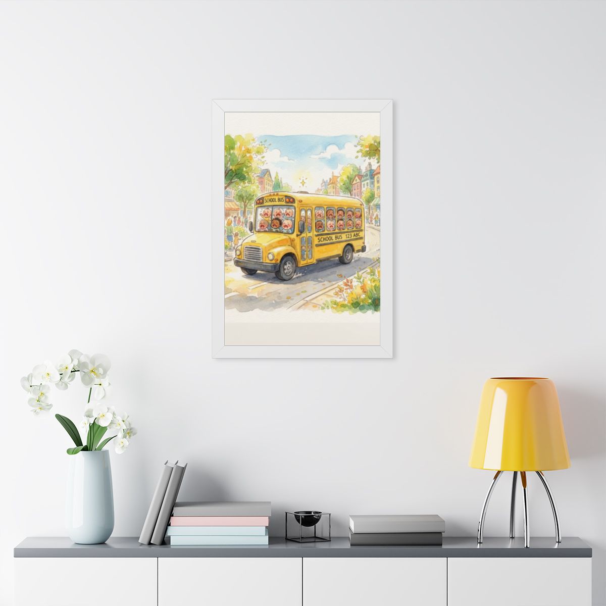 Framed Vertical Poster - Storybook School Bus Watercolor Art...