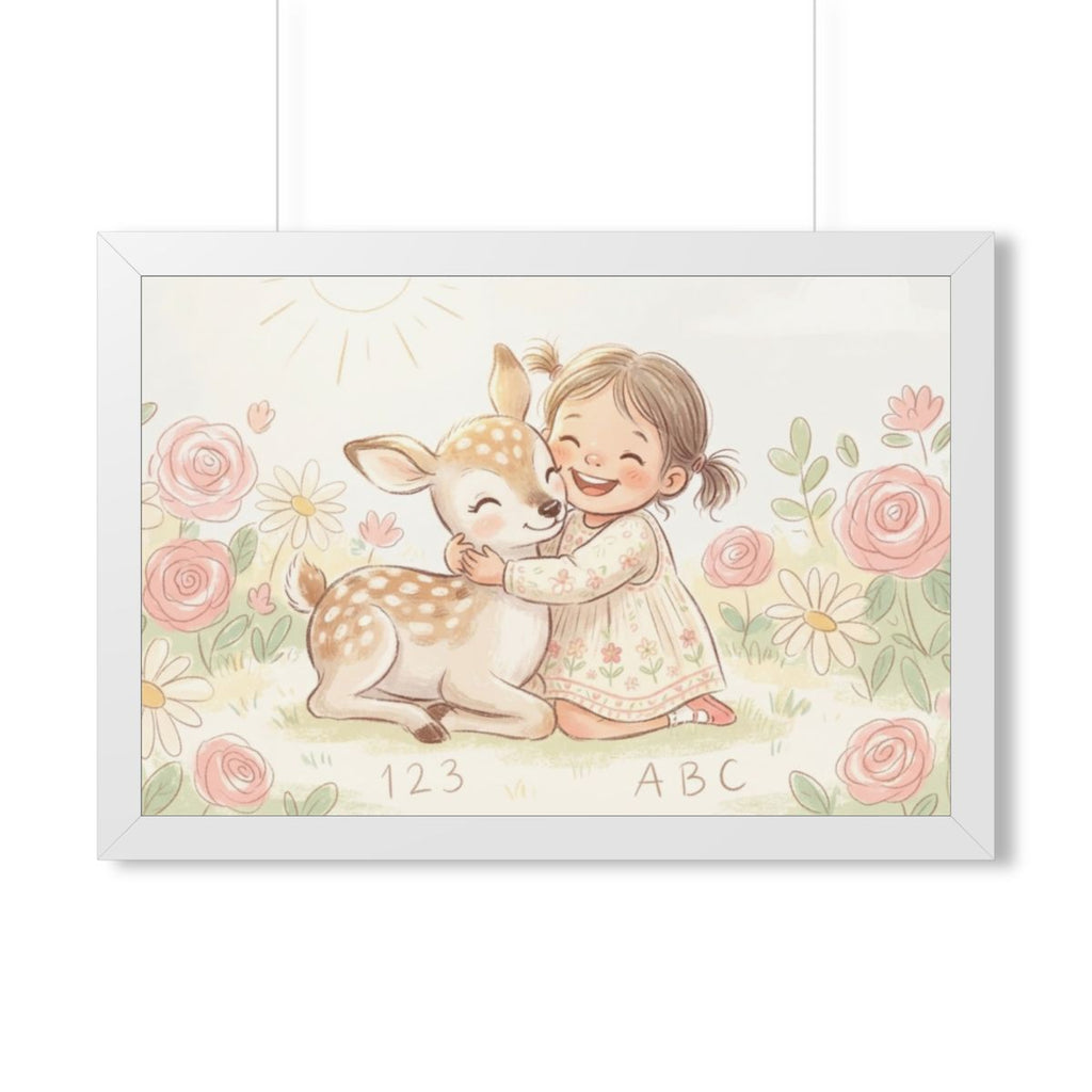 Framed Horizontal Poster - Gentle Hug Meadow Deer Art —... |...