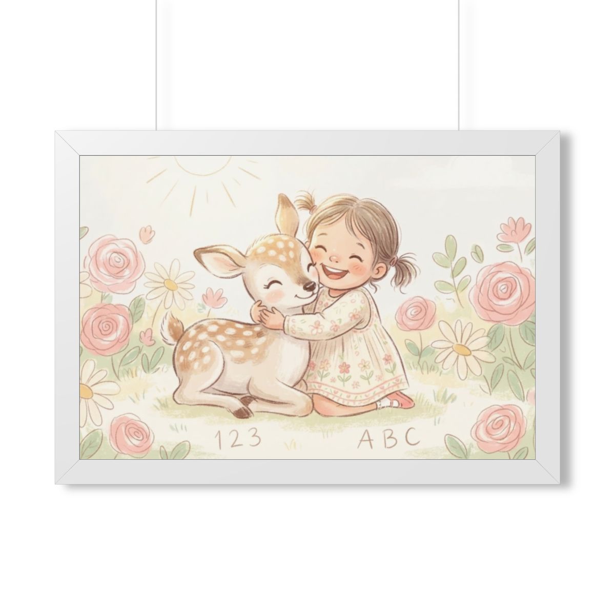 Framed Horizontal Poster - Gentle Hug Meadow Deer Art —... |...