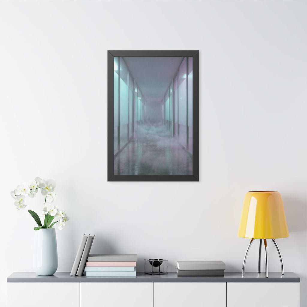 Framed Vertical Poster - Liminal Corridor Fog Art Print —......