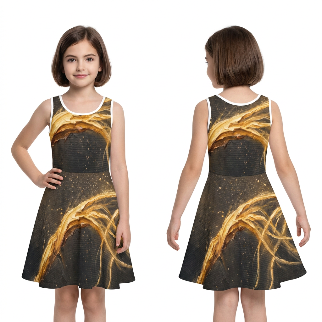 Girls' Sleeveless Sundress with Abstract Gold Art