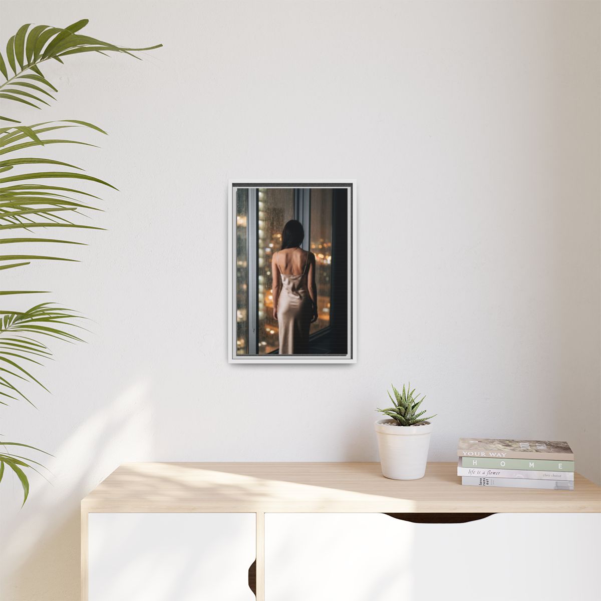 Matte Canvas, Framed - Rainy City lights Glow — White /... |...