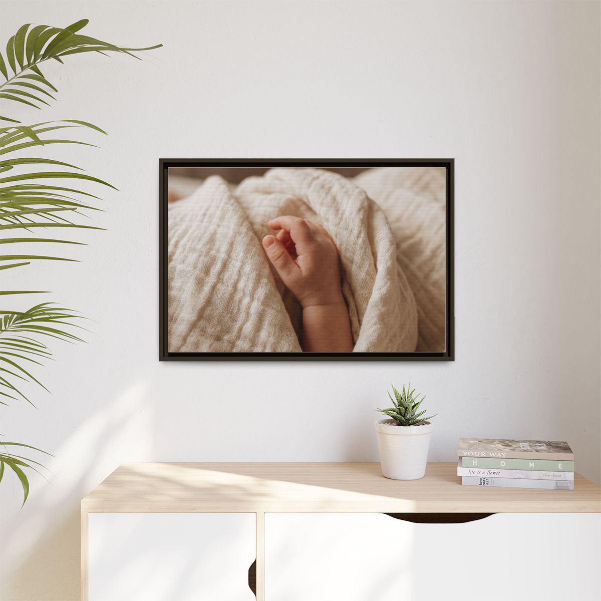 Matte Canvas, Framed - Tender Newborn Hand in Soft Muslin......