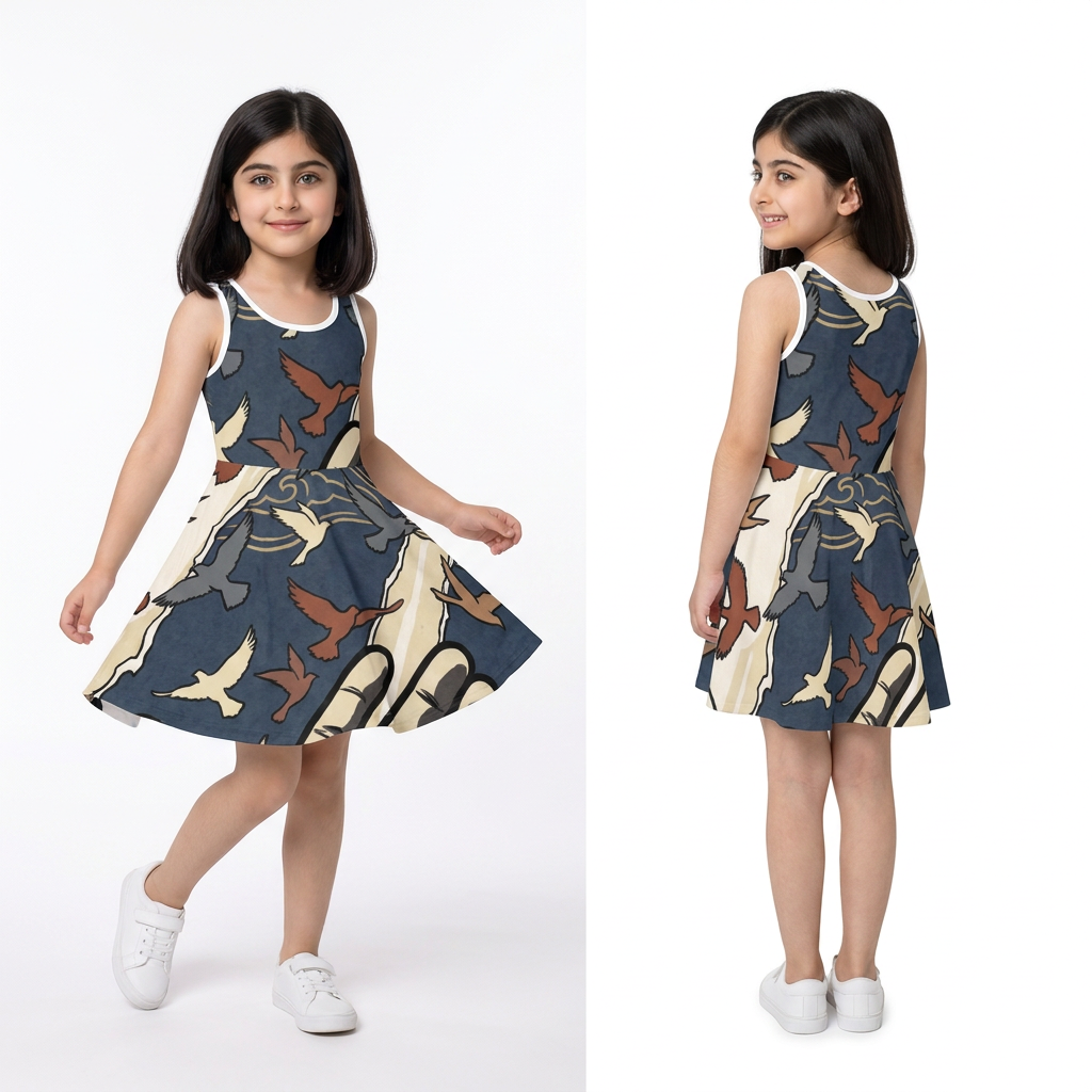 Girls' Sundress with Japanese Bird Woodblock Art