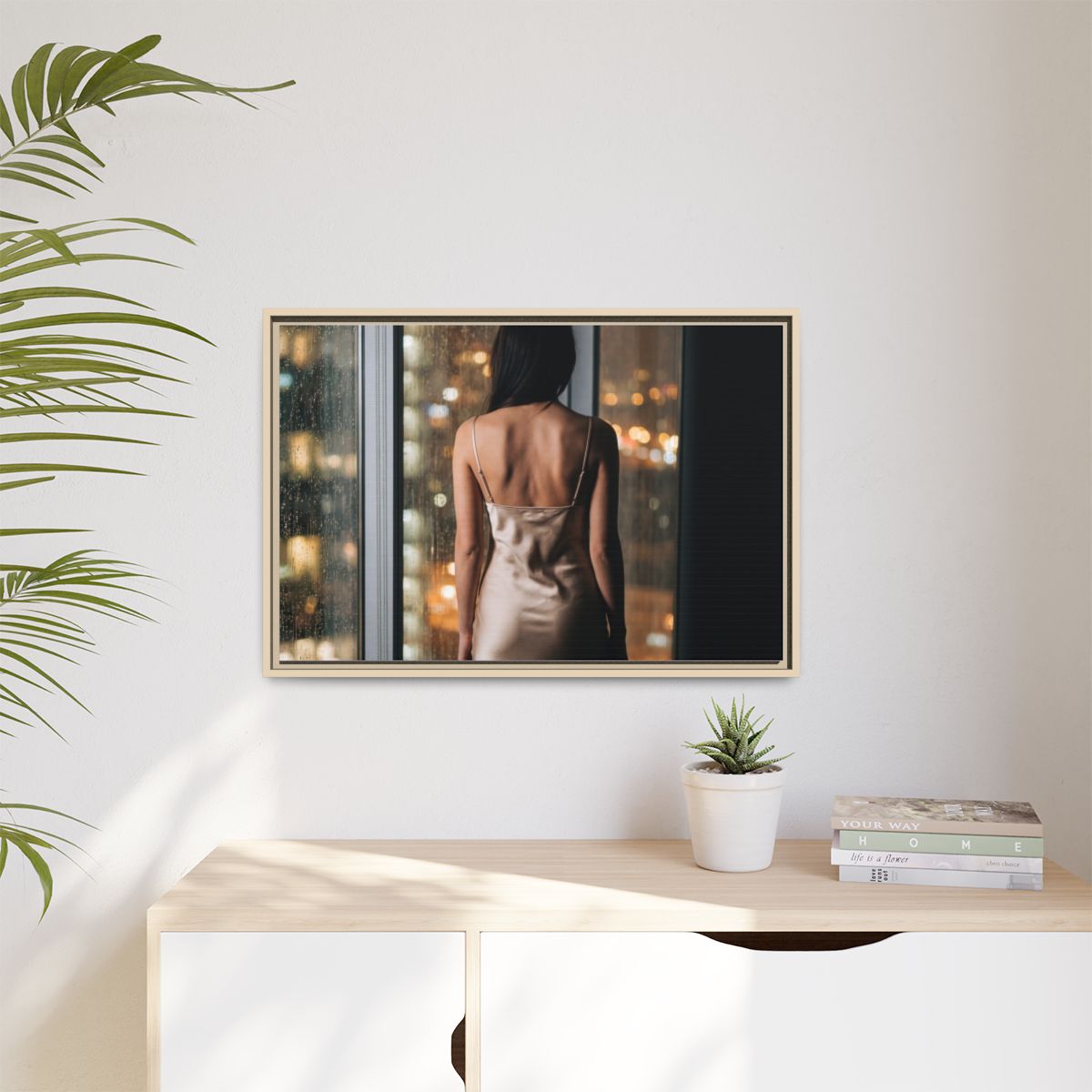 Matte Canvas, Framed - Rainy City lights Glow — Natural /......