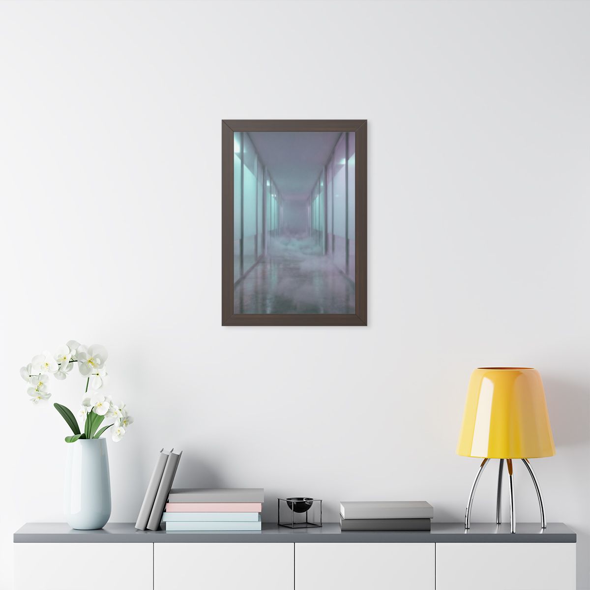 Framed Vertical Poster - Liminal Corridor Fog Art Print —......