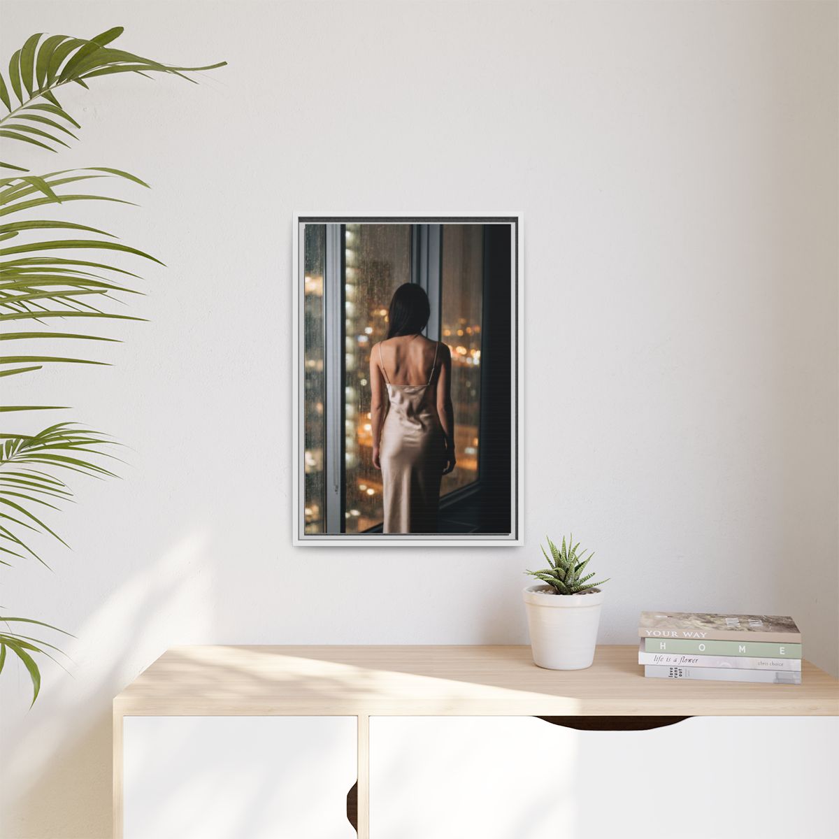 Matte Canvas, Framed - Rainy City lights Glow — White /... |...