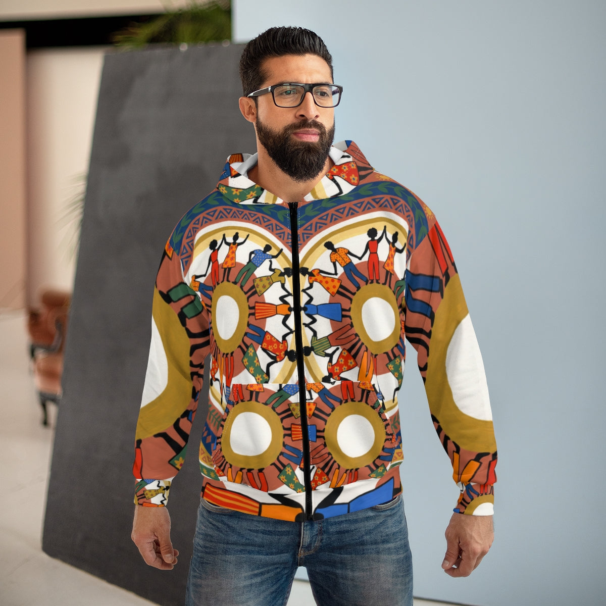 Men's Zip Hoodie - Unity Mandala Folk Art | Echovira Gallery