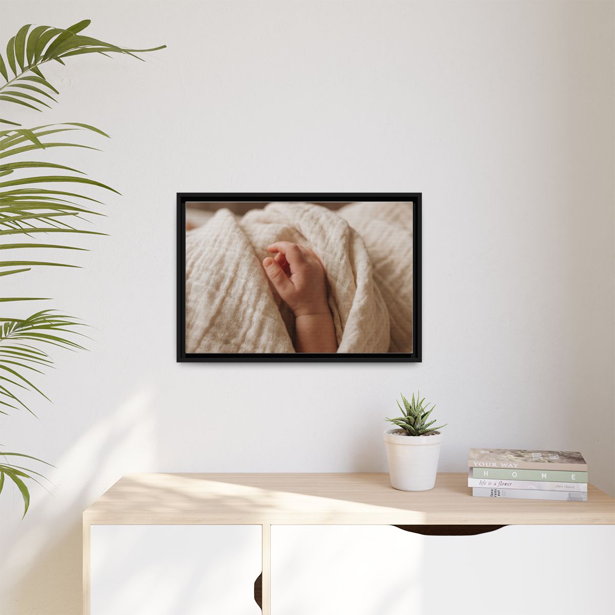 Matte Canvas, Framed - Tender Newborn Hand in Soft Muslin......