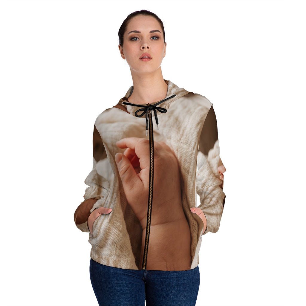 Women's Full-Zip Hoodie - Tender Newborn Hand in Soft Muslin...