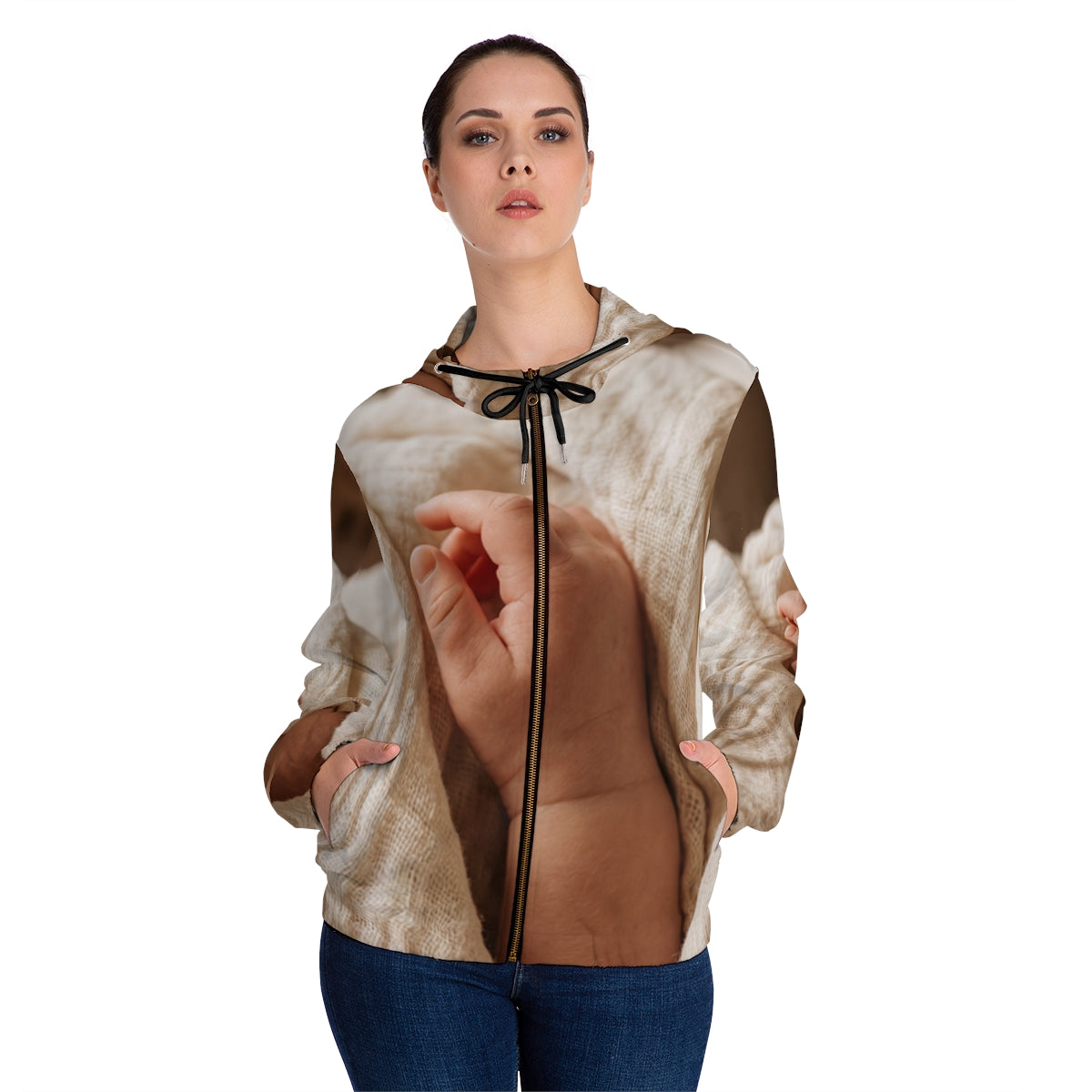 Women's Full-Zip Hoodie - Tender Newborn Hand in Soft Muslin...