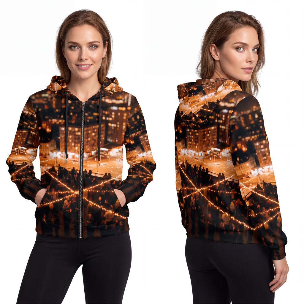 Women's Full-Zip Hoodie - Cozy Rooftop Skyline | Echovira...