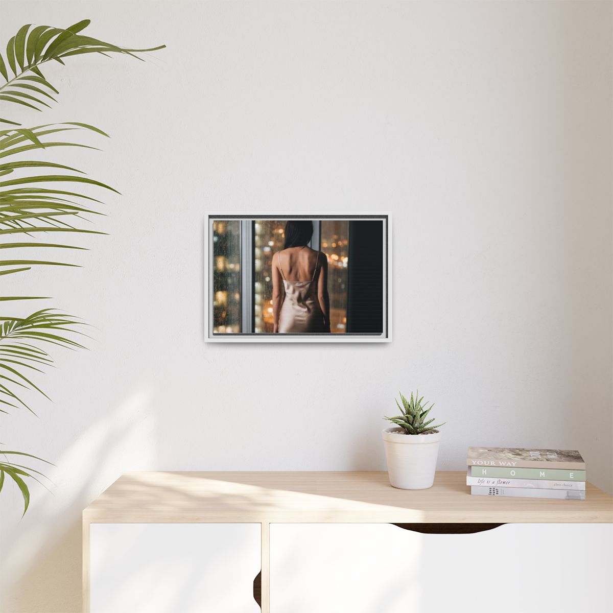 Matte Canvas, Framed - Rainy City lights Glow — White /... |...