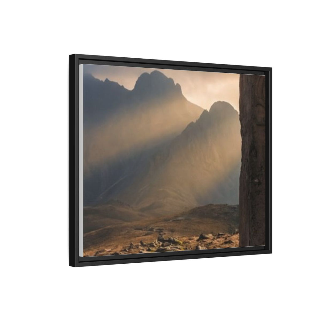 Matte Canvas, Framed - Ancient Stone Column Mountain Sunset Art (10×8, 12×9, 14×11, 16×12, 20×10, 18×12, 20×16, 24×16, 24×18, 36×12, 24×20, 32×16, 30×20, 30×24, 32×24, 48×16, 36×24, 48×24, 40×30, 60×20, 48×32, 60×30 & 60×40)
