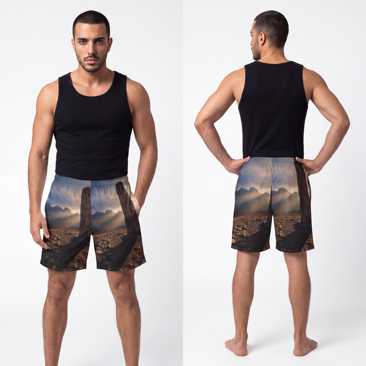 Men's Board Shorts - Mystic Monolith Ancient Persian Mountain Art