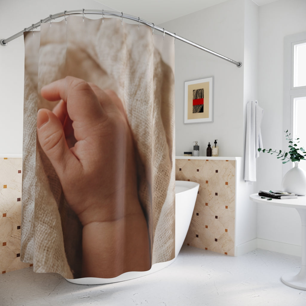 Shower Curtains - Tender Newborn Hand in Soft Muslin Blanket...