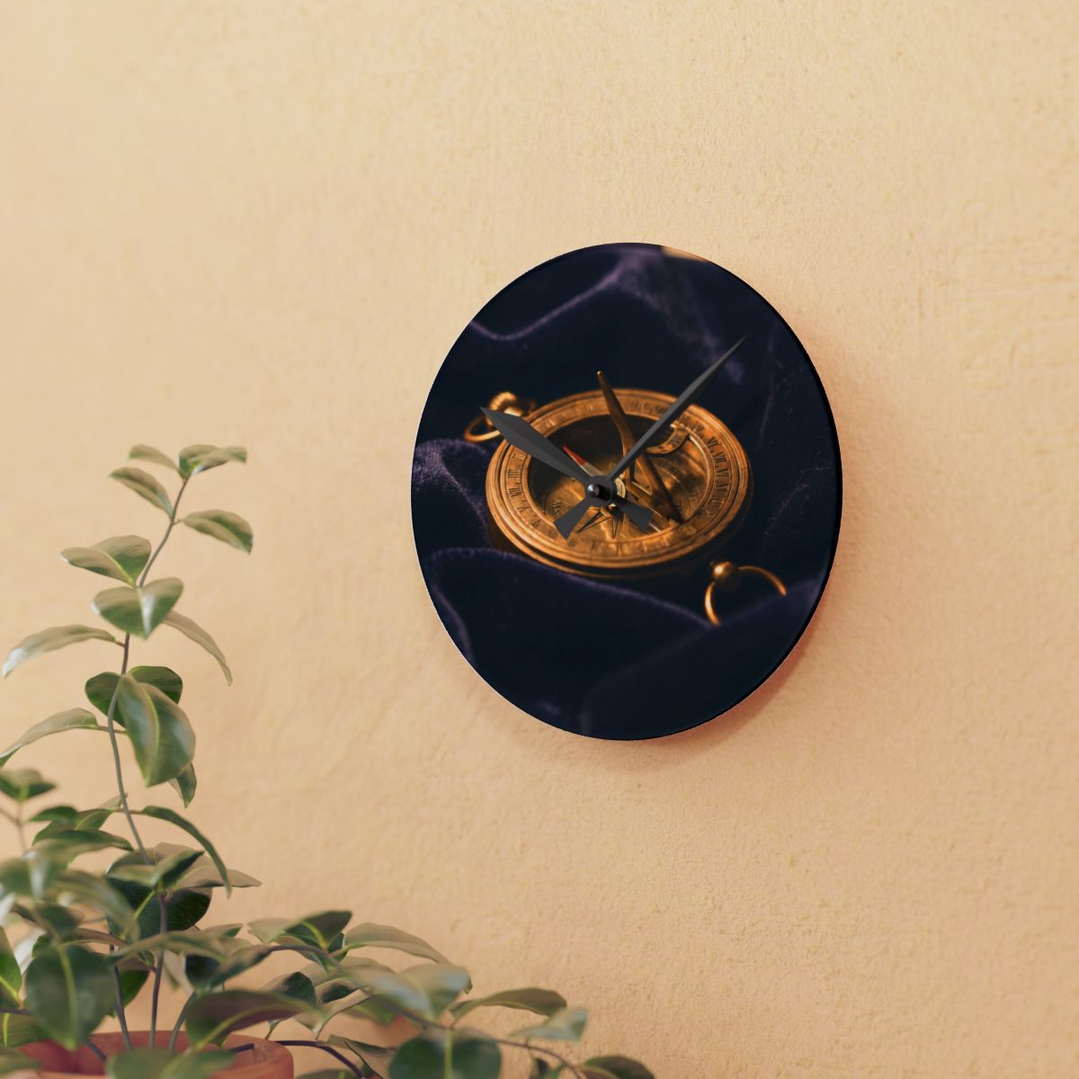 Acrylic Wall Clock with Vintage Brass Sundial
