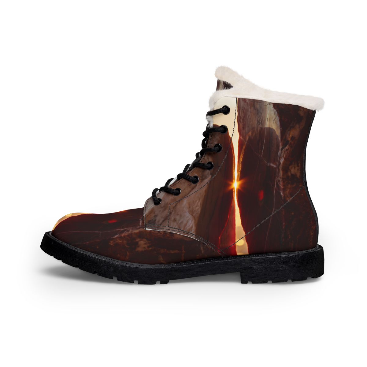 Women's Fur Leather Boots Sunset Horizon Stone Art