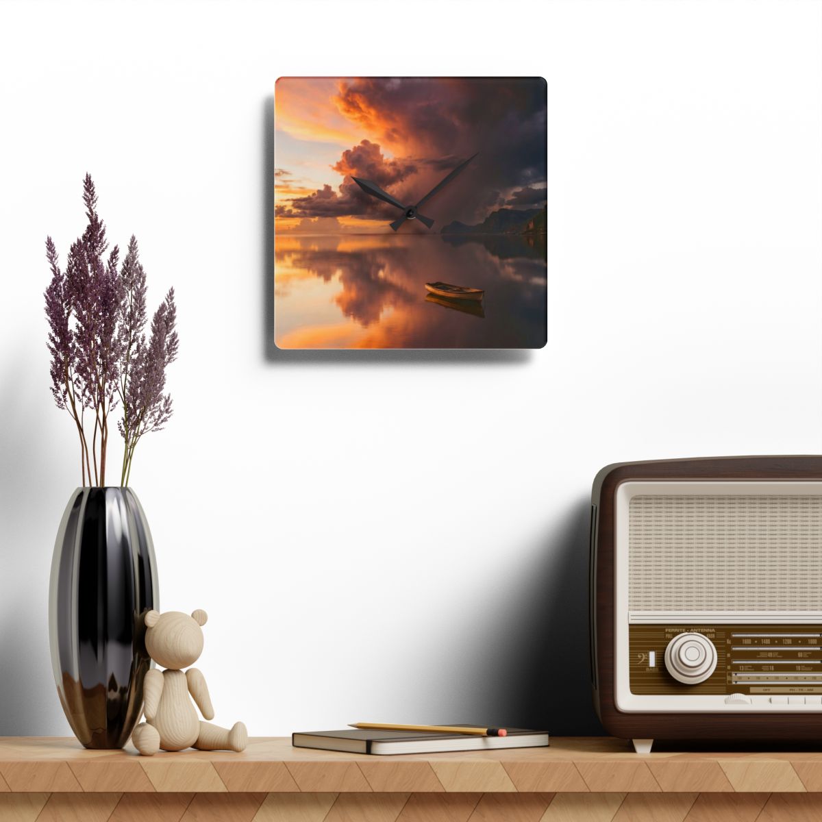 Acrylic Wall Clock - Sunset Lake Silent Timepiece | Echovira...