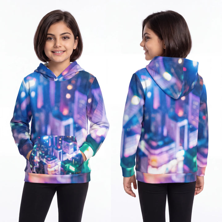 Kinder-Hoodie – Cyberpunk Neon-Stadt