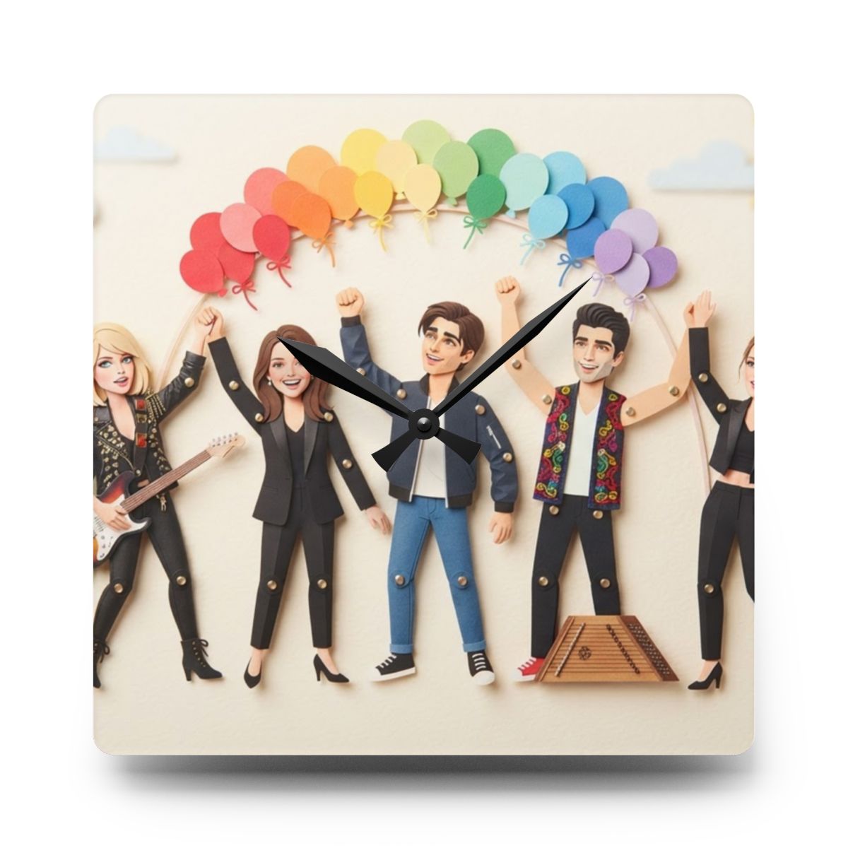 Acrylic Wall Clock - Papercraft Band Under Rainbow Balloons...