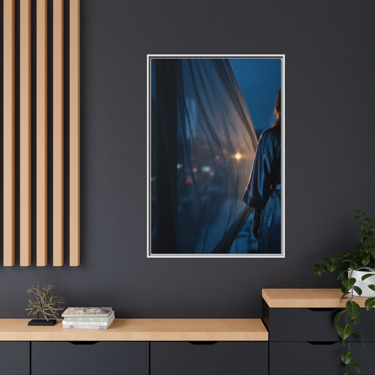 Matte Canvas, Framed - Nocturnal Solitude Silhouette — White...