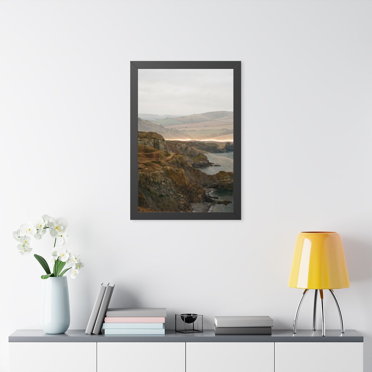 Framed Vertical Poster - Moody Coastal Cliffs Horizon Art —...