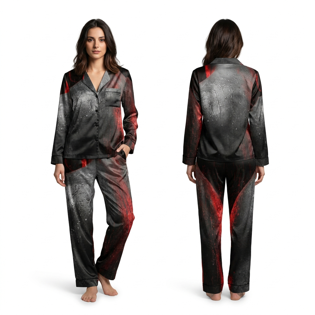 Women's Satin Pajamas with Crimson Silhouette Art