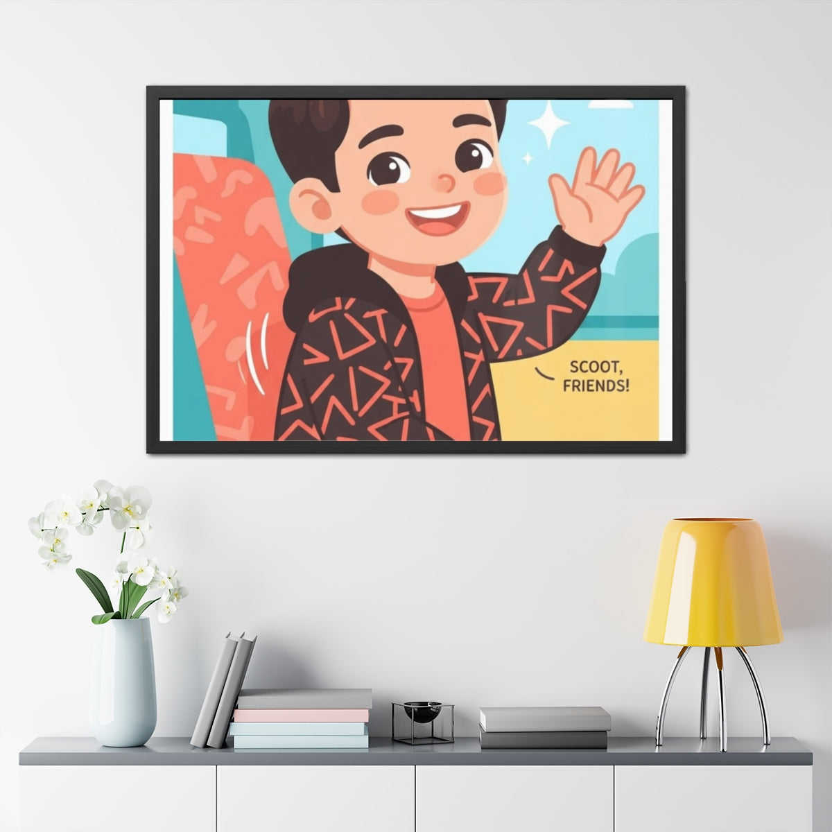 Framed Posters - Sunny Bus Ride Cheerful Boy Illustration —...