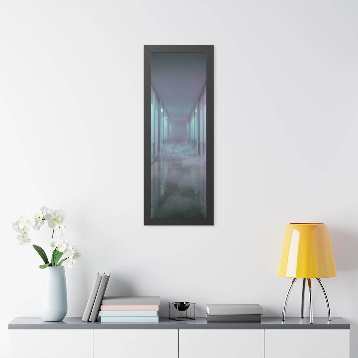Framed Vertical Poster - Liminal Corridor Fog Art Print —......